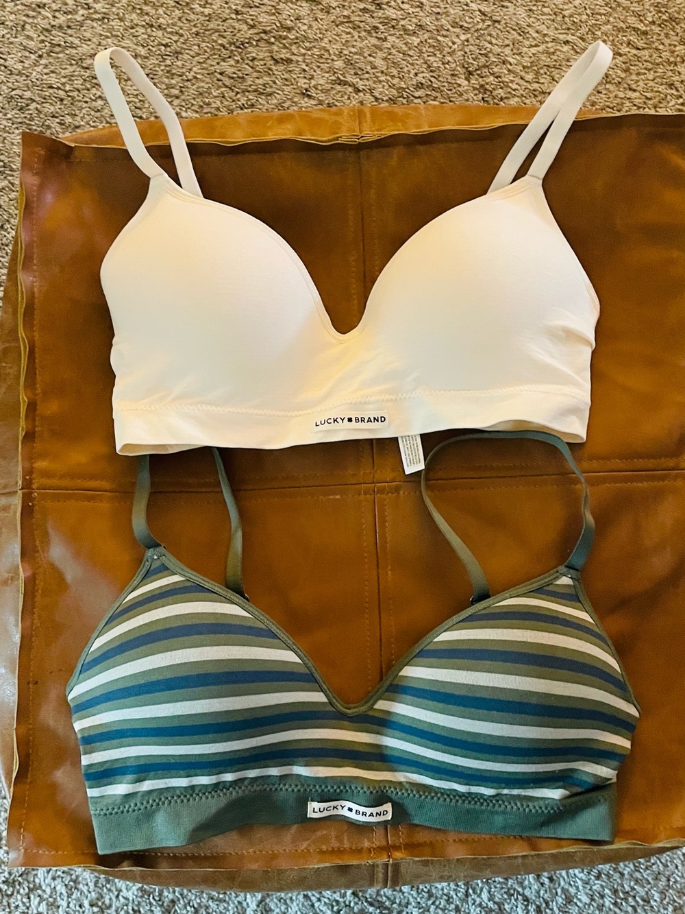 Lucky Brand Two-Pack Wireless Bras in White and Green Stripe 34B